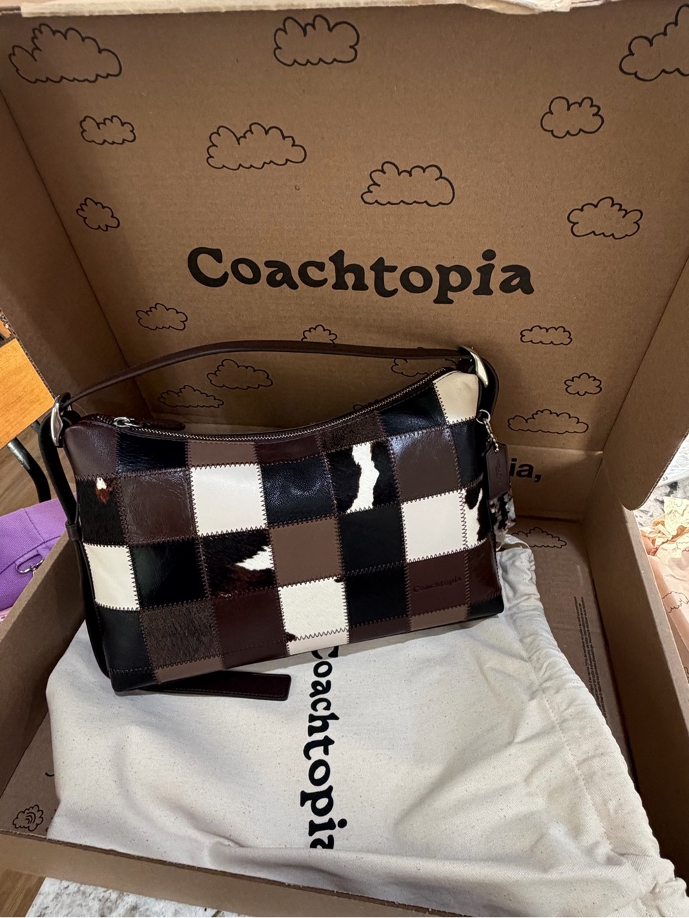 Coach Patchwork Checkerboard Shoulder Bag in Brown, Black & White